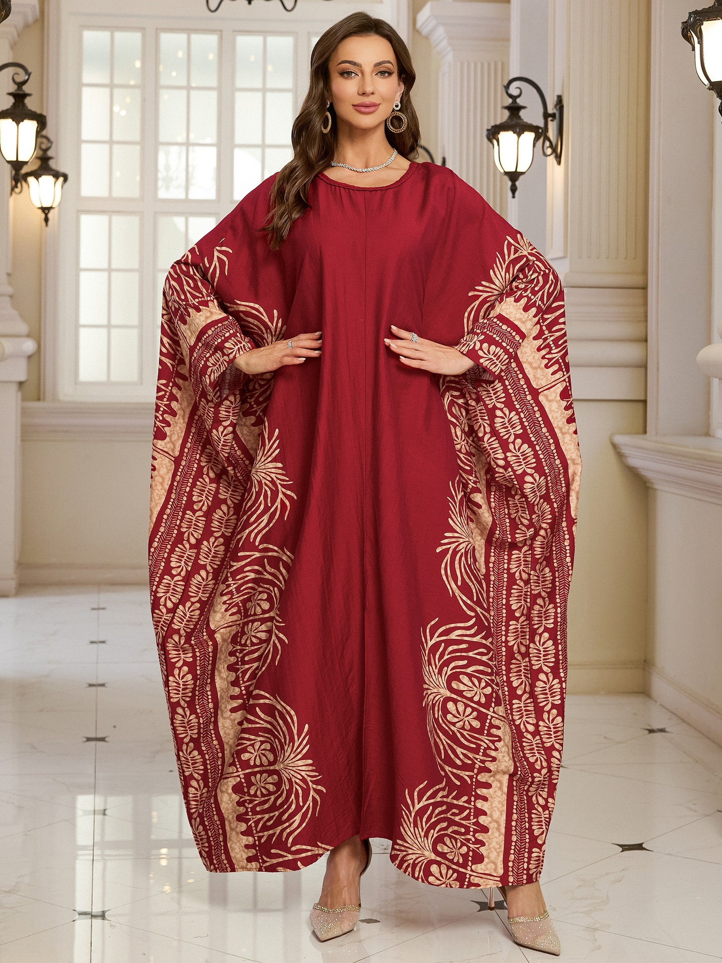 Geometric Pattern Kaftan Maxi Dress with Long Batwing Sleeves for Beach Cover Up